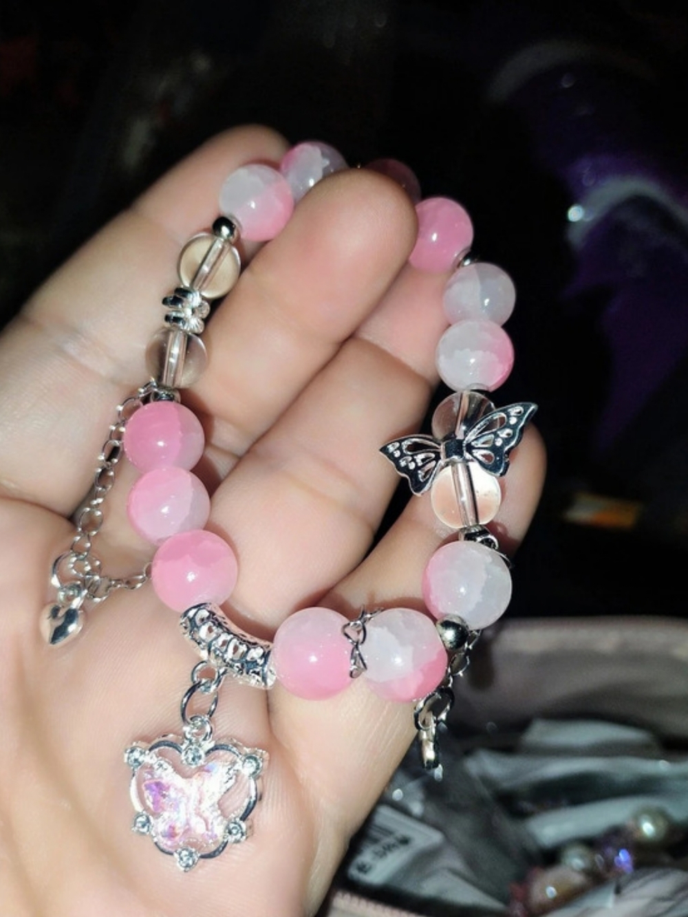 Pink & Silver Beaded Butterfly Charm Bracelet